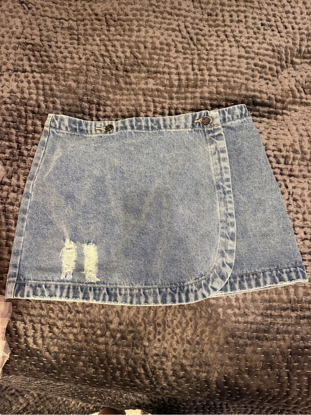 eesome Light Blue Distressed Denim Wrap Mini Skirt